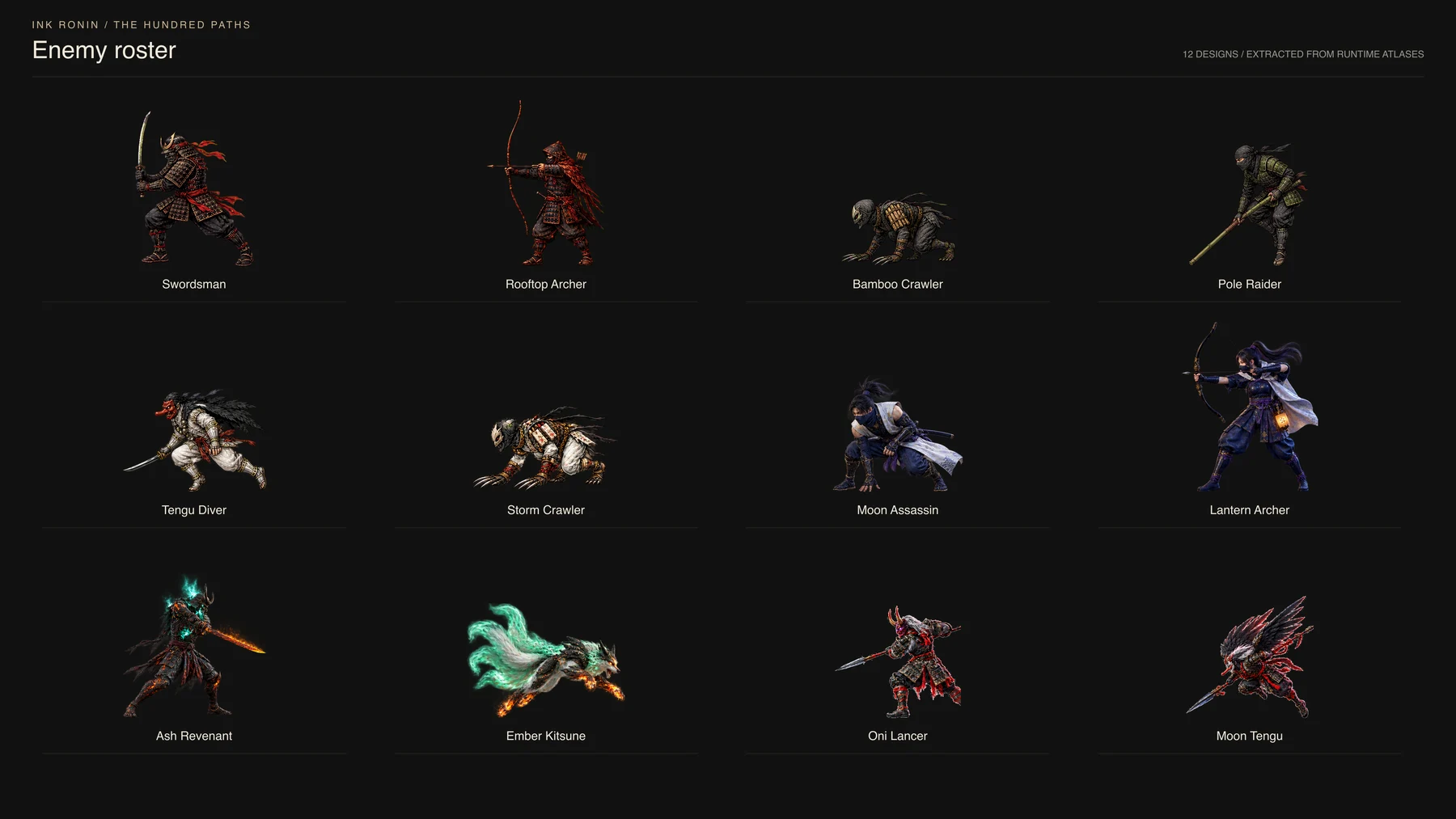 Twelve enemy designs from Ink Ronin, including archers, swordsmen, creatures, and spirits