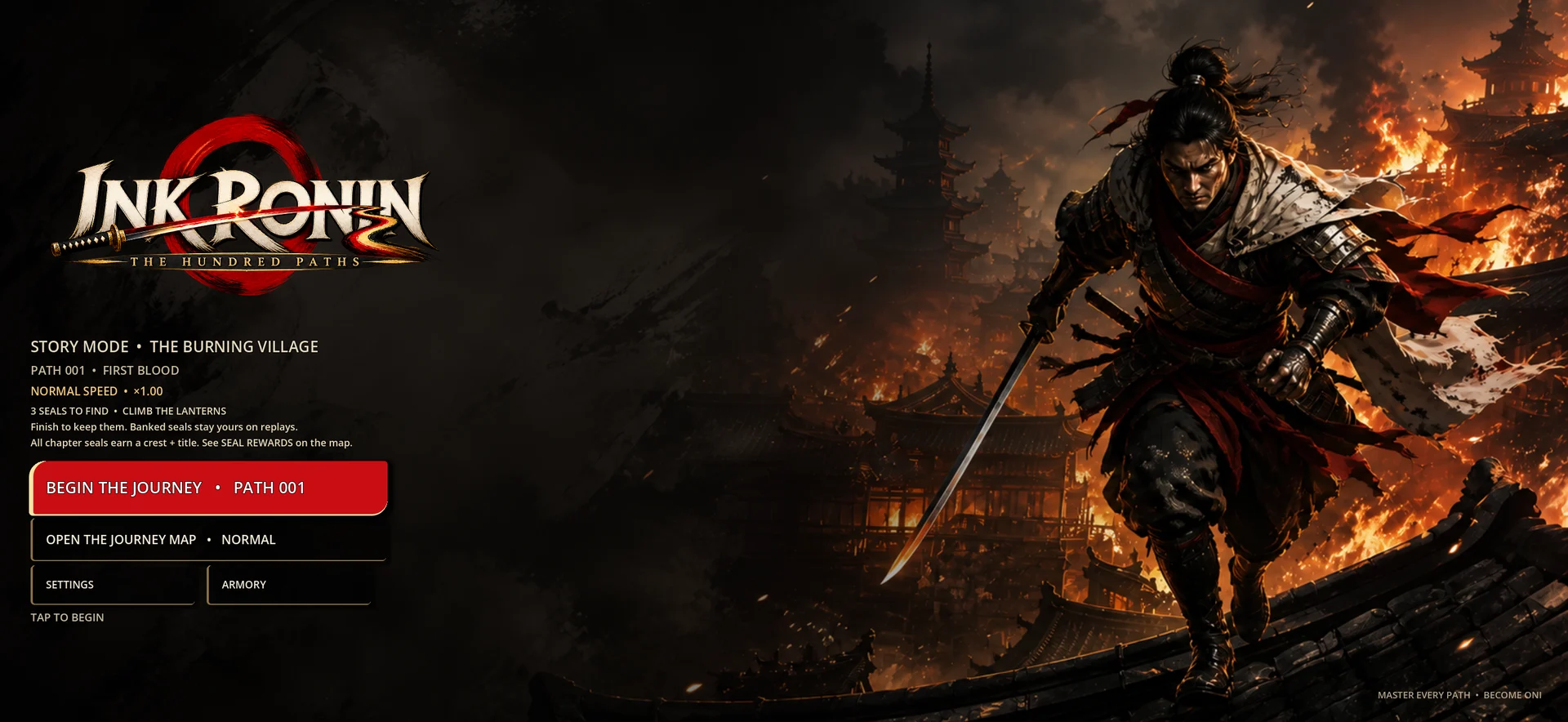 Ink Ronin main screen with its title, samurai artwork, and journey menu