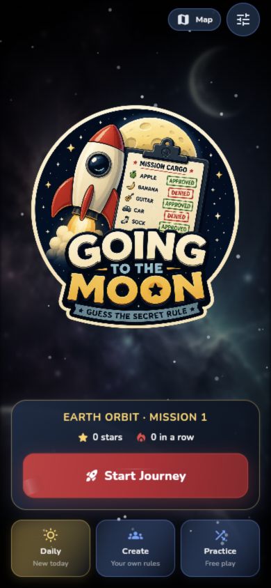 Current Going to the Moon main screen with rocket identity and Journey, Daily, Create, and Practice modes