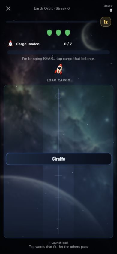 Current Cargo Rush gameplay with a hidden-rule clue and incoming words
